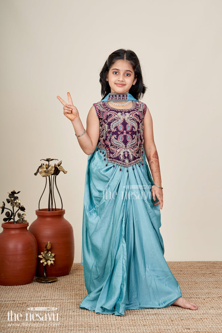 The Nesavu Girls Lehenga Choli Girls Designer Lehenga Choli With Heavy Embroidered Blouse And Draped Skirt Nesavu 24 (5Y) / Blue GL782A-24 Nesavu Green Draped Lehenga Choli Velvet Embroidered Blouse Girls