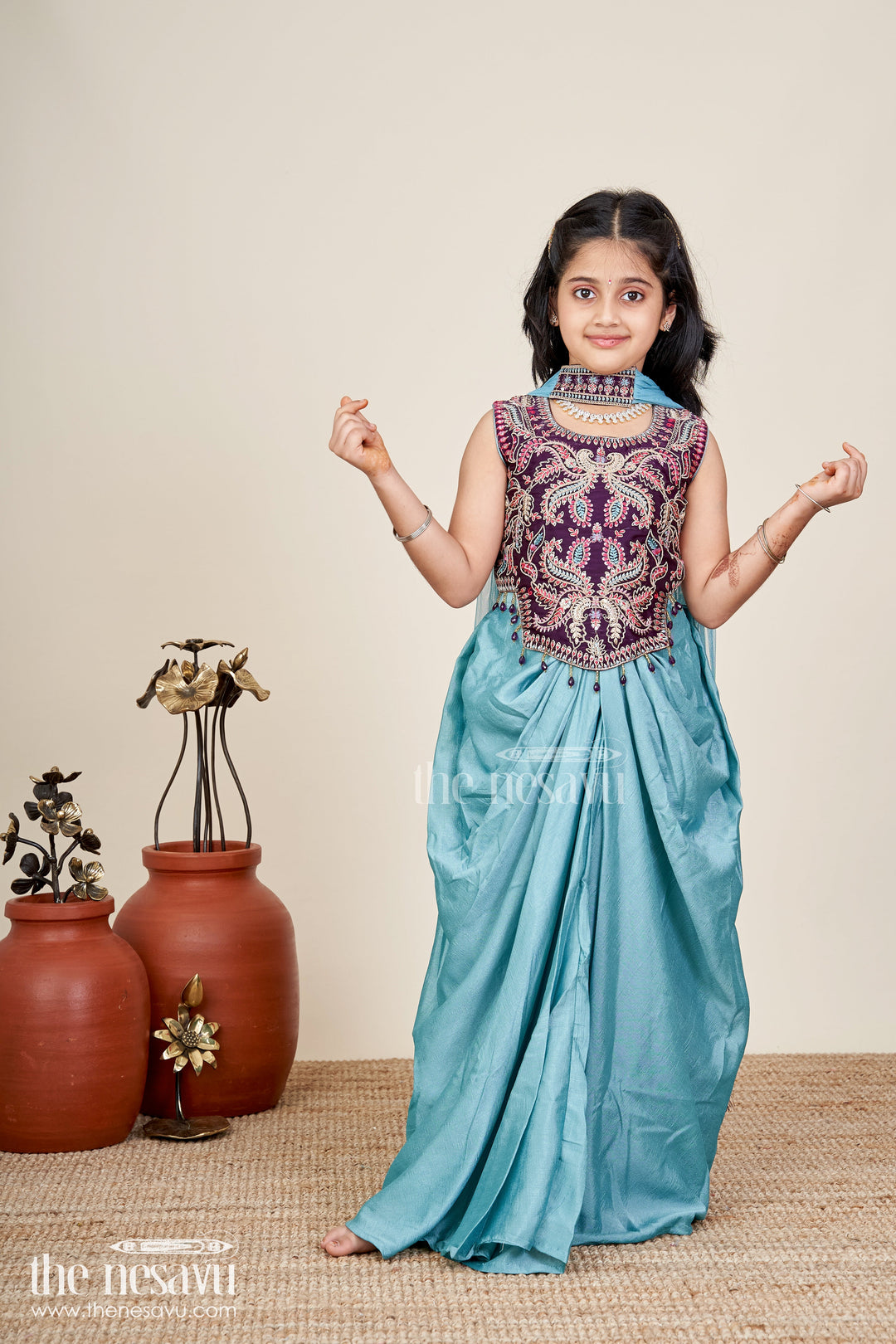The Nesavu Girls Lehenga Choli Girls Designer Lehenga Choli With Heavy Embroidered Blouse And Draped Skirt Nesavu Nesavu Green Draped Lehenga Choli Velvet Embroidered Blouse Girls