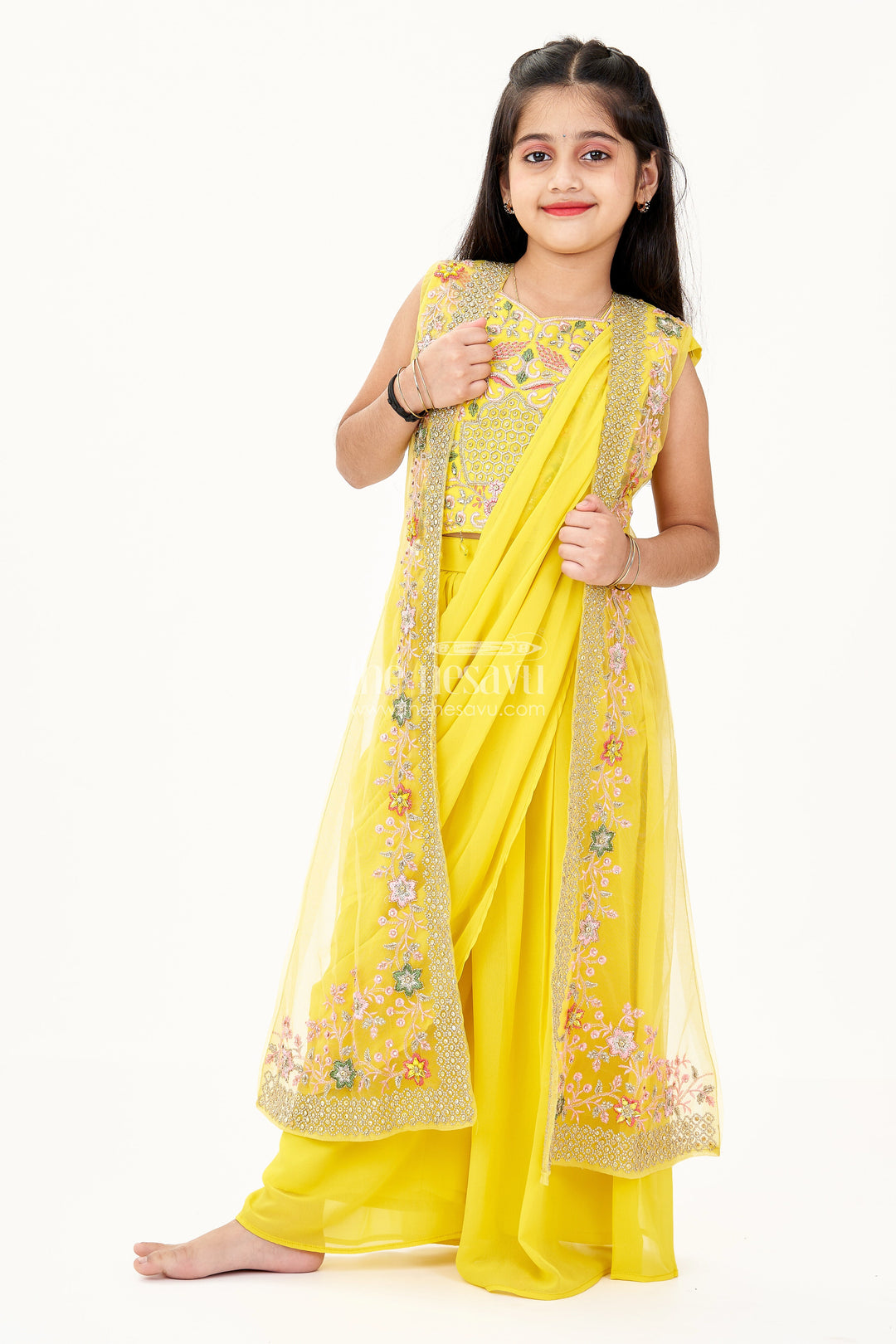 The Nesavu Girls Sharara / Plazo Set Girls Designer Palazzo Set in Yellow Georgette with Embroidered Crop Top and Dupatta Nesavu 24 (5Y) / Yellow GPS579A-24 Nesavu Girls Designer Palazzo Set Yellow Georgette Embroidered Top Dupatta