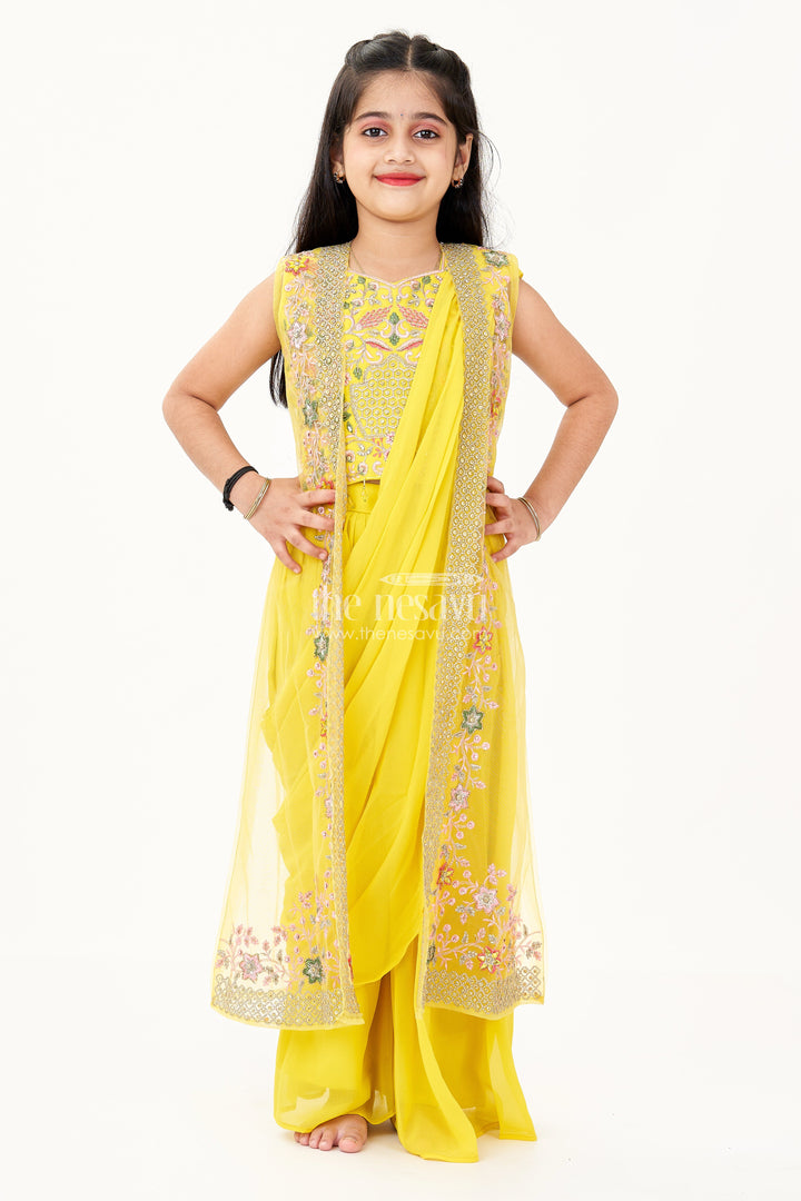 The Nesavu Girls Sharara / Plazo Set Girls Designer Palazzo Set in Yellow Georgette with Embroidered Crop Top and Dupatta Nesavu Nesavu Girls Designer Palazzo Set Yellow Georgette Embroidered Top Dupatta