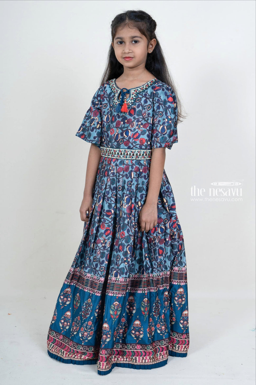 The Nesavu Party Gown Girls Designer Pleated Silk Cotton Blue Anarkali Kurta With Embroidery Hip Belt Nesavu Full Length Pleated Anarkali For Girls | Latest Embroidery Hip Belt Ideas | The Nesavu