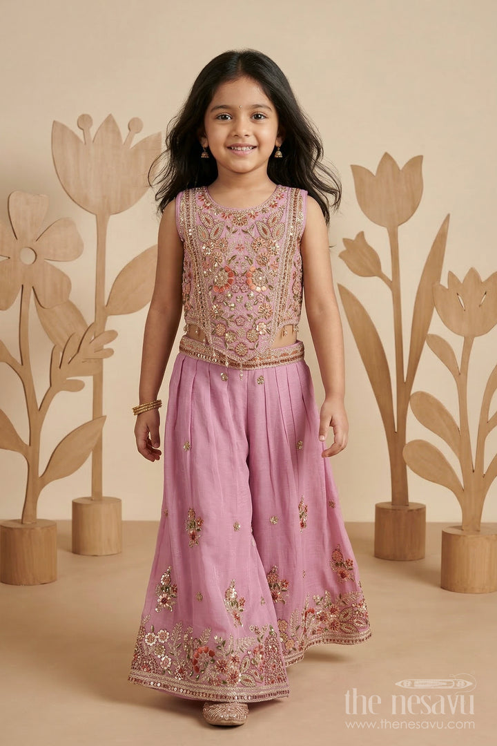 The Nesavu Girls Sharara / Plazo Set Girls Designer Sharara Set for Wedding Receptions Nesavu 18 (2Y) / Pink / Georgette GPS964B-18 Nesavu Girls Georgette Sharara Set With Designer Embroidery For Wedding Receptions And Festive Events