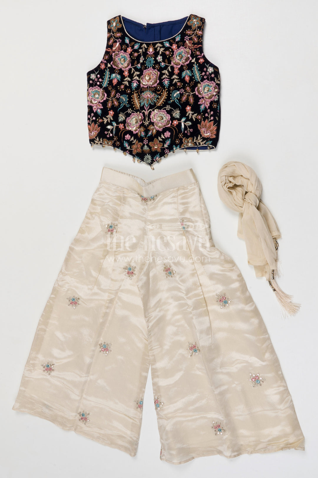 The Nesavu Girls Sharara / Plazo Set Girls Designer Sharara Set for Weddings and Festive Occasions Nesavu Nesavu girls viscose silk sharara set with velvet designer embroidery for weddings and celebrations