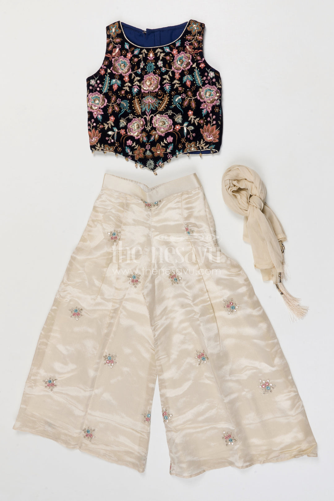 The Nesavu Girls Sharara / Plazo Set Girls Designer Sharara Set for Weddings and Festive Occasions Nesavu Nesavu girls viscose silk sharara set with velvet designer embroidery for weddings and celebrations