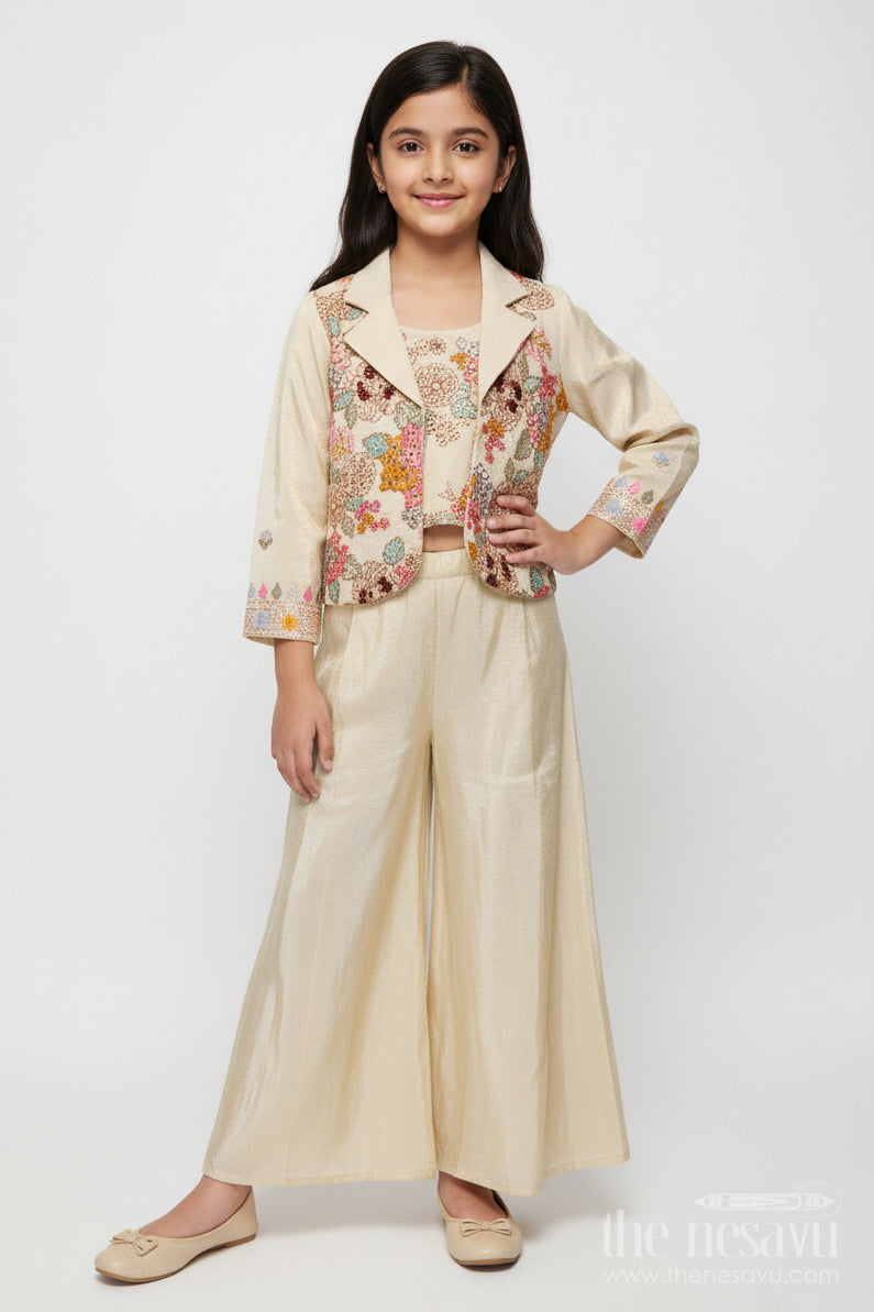 The Nesavu Girls Sharara / Plazo Set Girls Designer Sharara Set with Embroidered Jacket Elegant Layered Ethnic Wear Nesavu 24 (5Y) / Half white GPS892A-24 Nesavu girls sharara set embroidered jacket festive ethnic wear viscose tissue silk