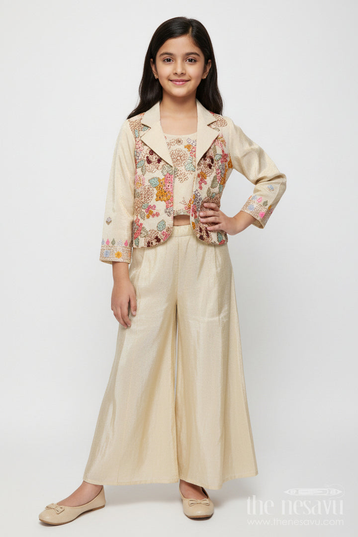 The Nesavu Girls Sharara / Plazo Set Girls Designer Sharara Set with Embroidered Jacket Elegant Layered Ethnic Wear Nesavu 24 (5Y) / Half white GPS892A-24 Nesavu girls sharara set embroidered jacket festive ethnic wear viscose tissue silk