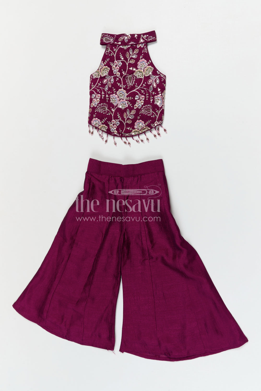 The Nesavu Girls Sharara / Plazo Set Girls Designer Sharara Set with Embroidered Top for Festive Wear Nesavu Nesavu girls designer viscose blend silk sharara set with embroidered top for festive wear