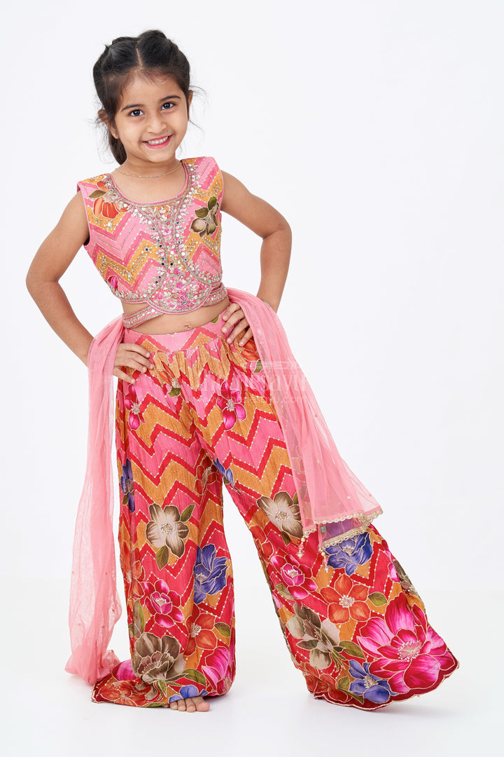 The Nesavu Girls Sharara / Plazo Set Girls Designer Sharara Sets with Floral Embroidery and Chevron Print in Pink Nesavu 24 (5Y) / Pink GPS547A-24 Nesavu Girls Designer Sharara Sets Floral Embroidery Chevron Print