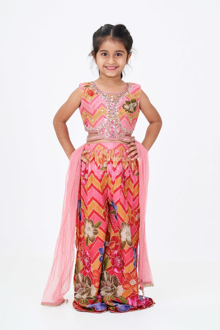 The Nesavu Girls Sharara / Plazo Set Girls Designer Sharara Sets with Floral Embroidery and Chevron Print in Pink Nesavu Nesavu Girls Designer Sharara Sets Floral Embroidery Chevron Print