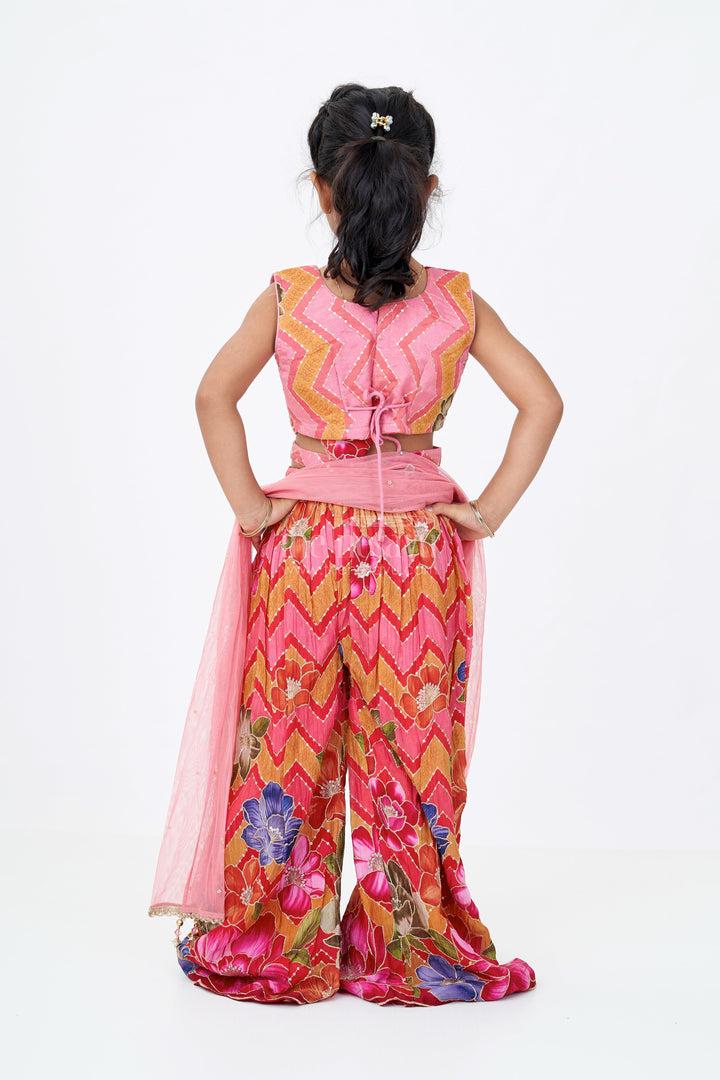 The Nesavu Girls Sharara / Plazo Set Girls Designer Sharara Sets with Floral Embroidery and Chevron Print in Pink Nesavu Nesavu Girls Designer Sharara Sets Floral Embroidery Chevron Print
