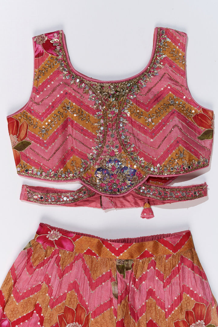 The Nesavu Girls Sharara / Plazo Set Girls Designer Sharara Sets with Floral Embroidery and Chevron Print in Pink Nesavu Nesavu Girls Designer Sharara Sets Floral Embroidery Chevron Print