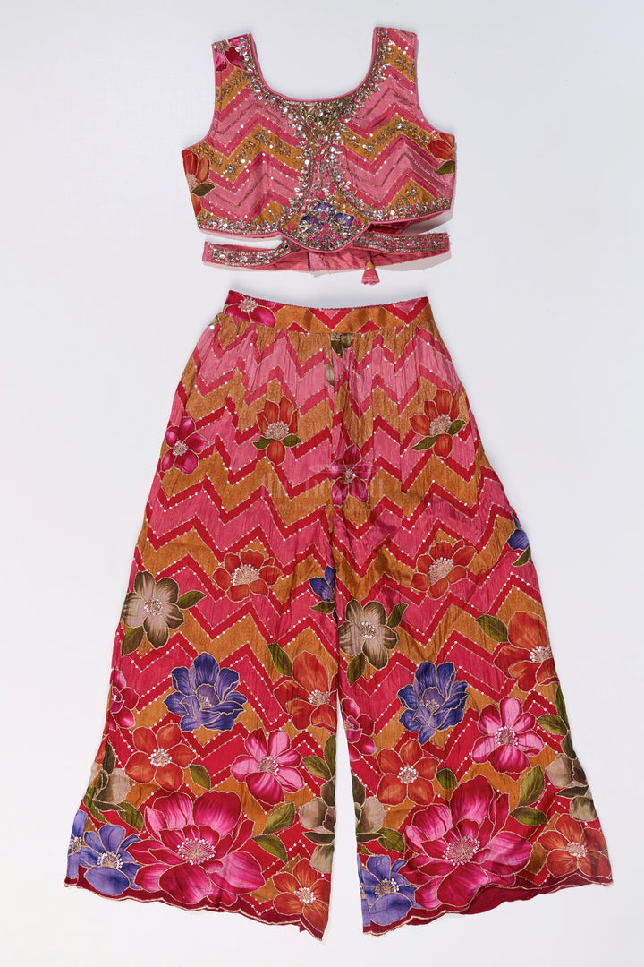 The Nesavu Girls Sharara / Plazo Set Girls Designer Sharara Sets with Floral Embroidery and Chevron Print in Pink Nesavu Nesavu Girls Designer Sharara Sets Floral Embroidery Chevron Print