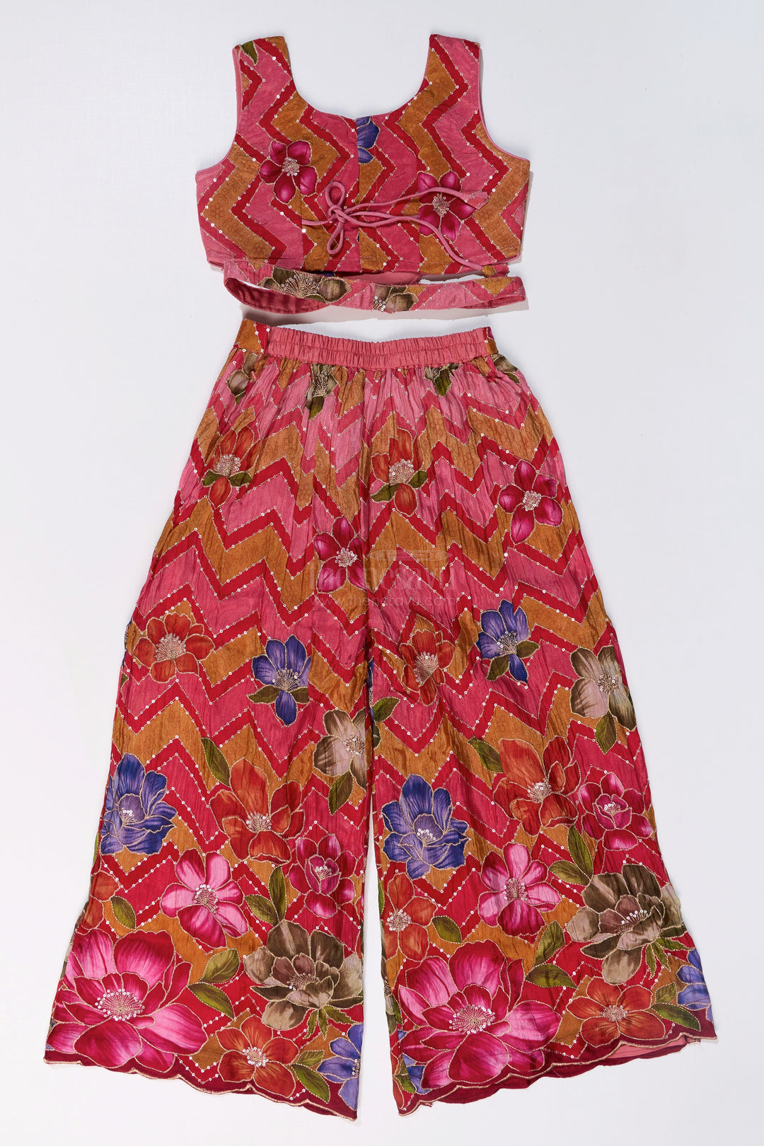 The Nesavu Girls Sharara / Plazo Set Girls Designer Sharara Sets with Floral Embroidery and Chevron Print in Pink Nesavu Nesavu Girls Designer Sharara Sets Floral Embroidery Chevron Print