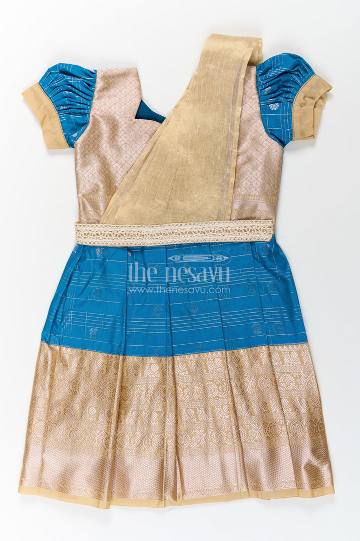 The Nesavu Girls Kanchi Silk Frock Girls Designer Silk Dresses in Semi Kanchivaram with Embroidery Lace and Elegant Dupatta Detail Nesavu 20 (3Y) / Blue / Style 1 SF837BA-20 Nesavu Traditional Girls Designer Silk Dresses in Semi Kanchivaram with Embroidered Lace Dupatta