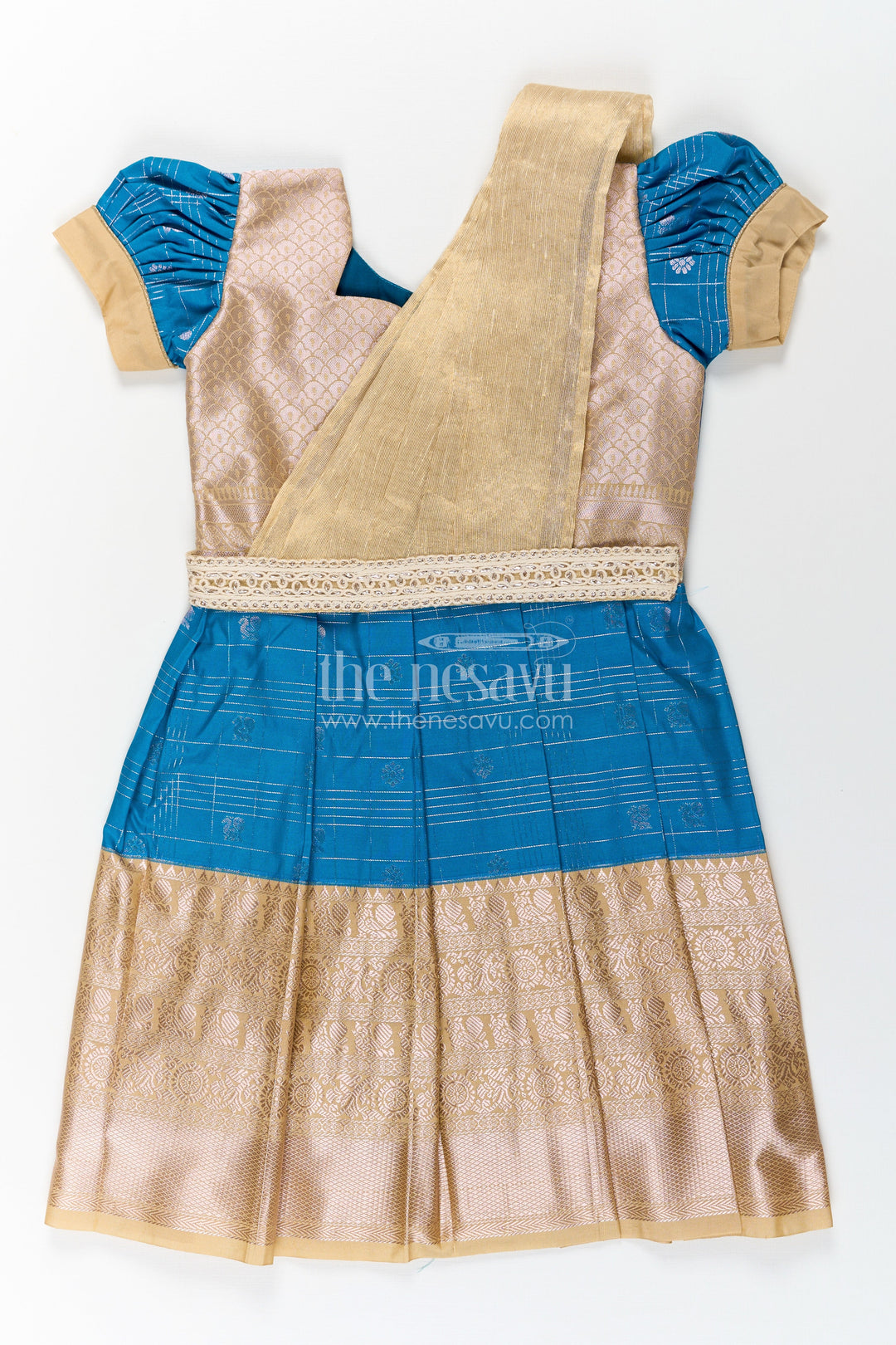 The Nesavu Girls Kanchi Silk Frock Girls Designer Silk Dresses in Semi Kanchivaram with Embroidery Lace and Elegant Dupatta Detail Nesavu 20 (3Y) / Blue / Style 1 SF837BA-20 Nesavu Traditional Girls Designer Silk Dresses in Semi Kanchivaram with Embroidered Lace Dupatta
