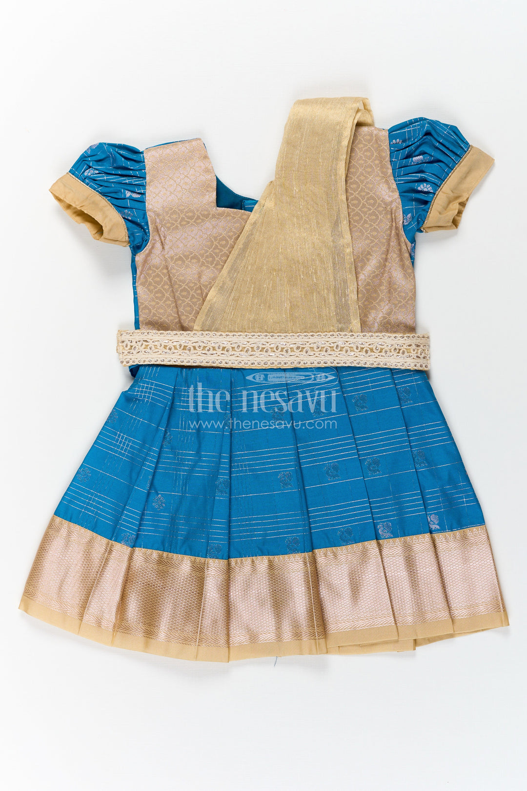 The Nesavu Girls Kanchi Silk Frock Girls Designer Silk Dresses in Semi Kanchivaram with Embroidery Lace and Elegant Dupatta Detail Nesavu Nesavu Traditional Girls Designer Silk Dresses in Semi Kanchivaram with Embroidered Lace Dupatta