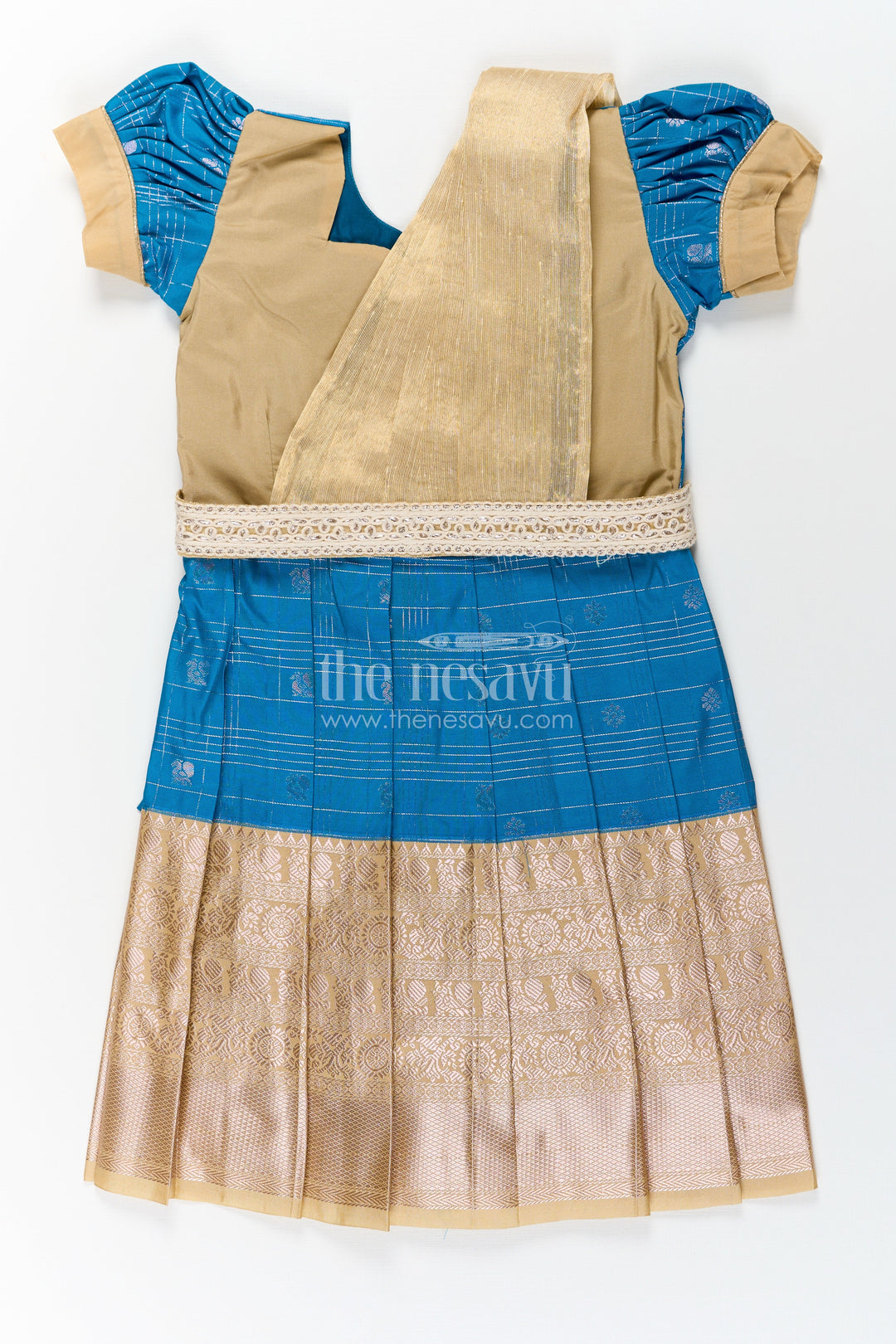 The Nesavu Girls Kanchi Silk Frock Girls Designer Silk Dresses in Semi Kanchivaram with Embroidery Lace and Elegant Dupatta Detail Nesavu Nesavu Traditional Girls Designer Silk Dresses in Semi Kanchivaram with Embroidered Lace Dupatta