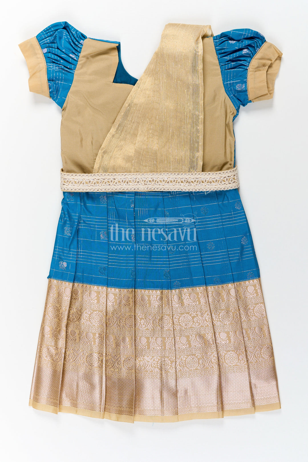 The Nesavu Girls Kanchi Silk Frock Girls Designer Silk Dresses in Semi Kanchivaram with Embroidery Lace and Elegant Dupatta Detail Nesavu Nesavu Traditional Girls Designer Silk Dresses in Semi Kanchivaram with Embroidered Lace Dupatta