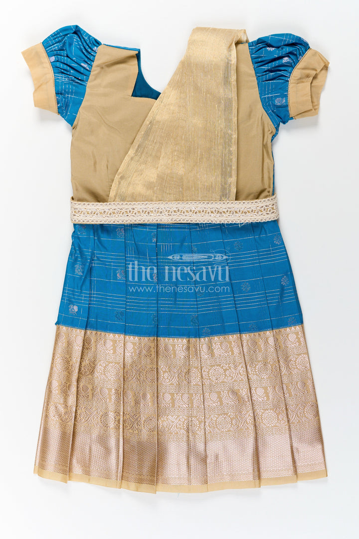 The Nesavu Girls Kanchi Silk Frock Girls Designer Silk Dresses in Semi Kanchivaram with Embroidery Lace and Elegant Dupatta Detail Nesavu Nesavu Traditional Girls Designer Silk Dresses in Semi Kanchivaram with Embroidered Lace Dupatta