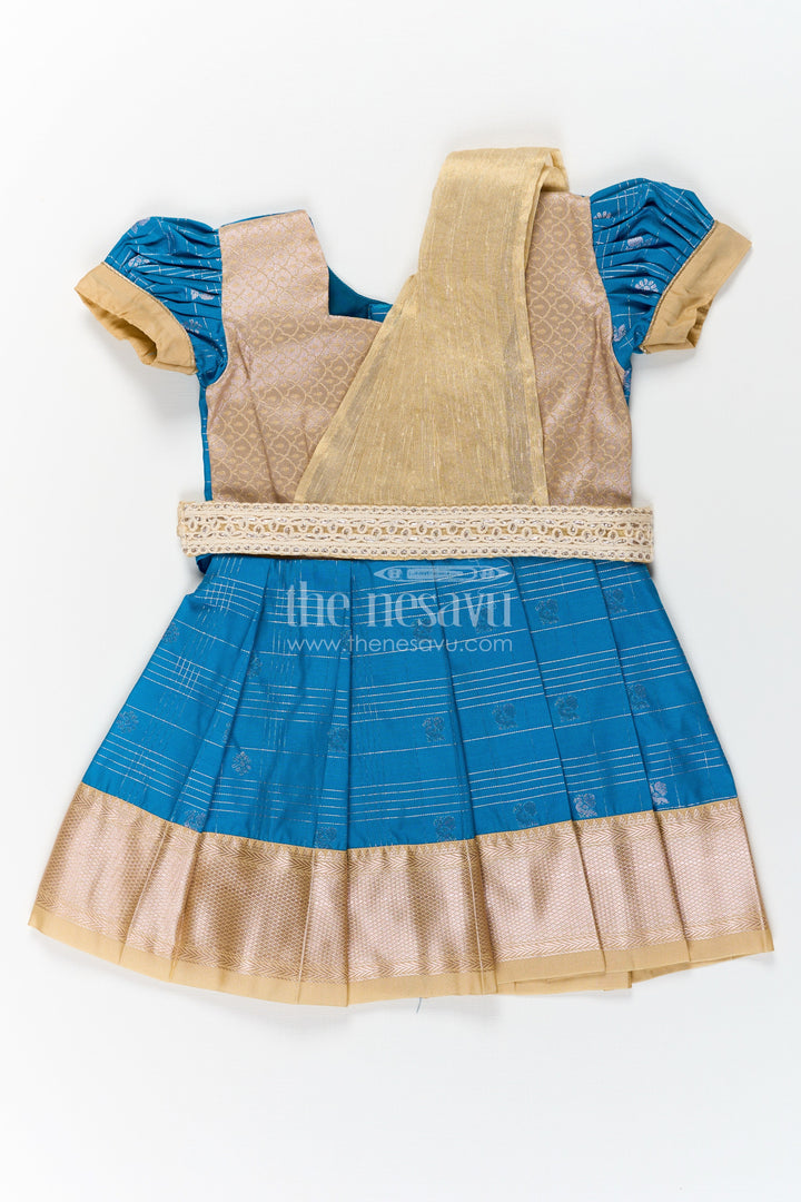 The Nesavu Girls Kanchi Silk Frock Girls Designer Silk Dresses in Semi Kanchivaram with Embroidery Lace and Elegant Dupatta Detail Nesavu Nesavu Traditional Girls Designer Silk Dresses in Semi Kanchivaram with Embroidered Lace Dupatta