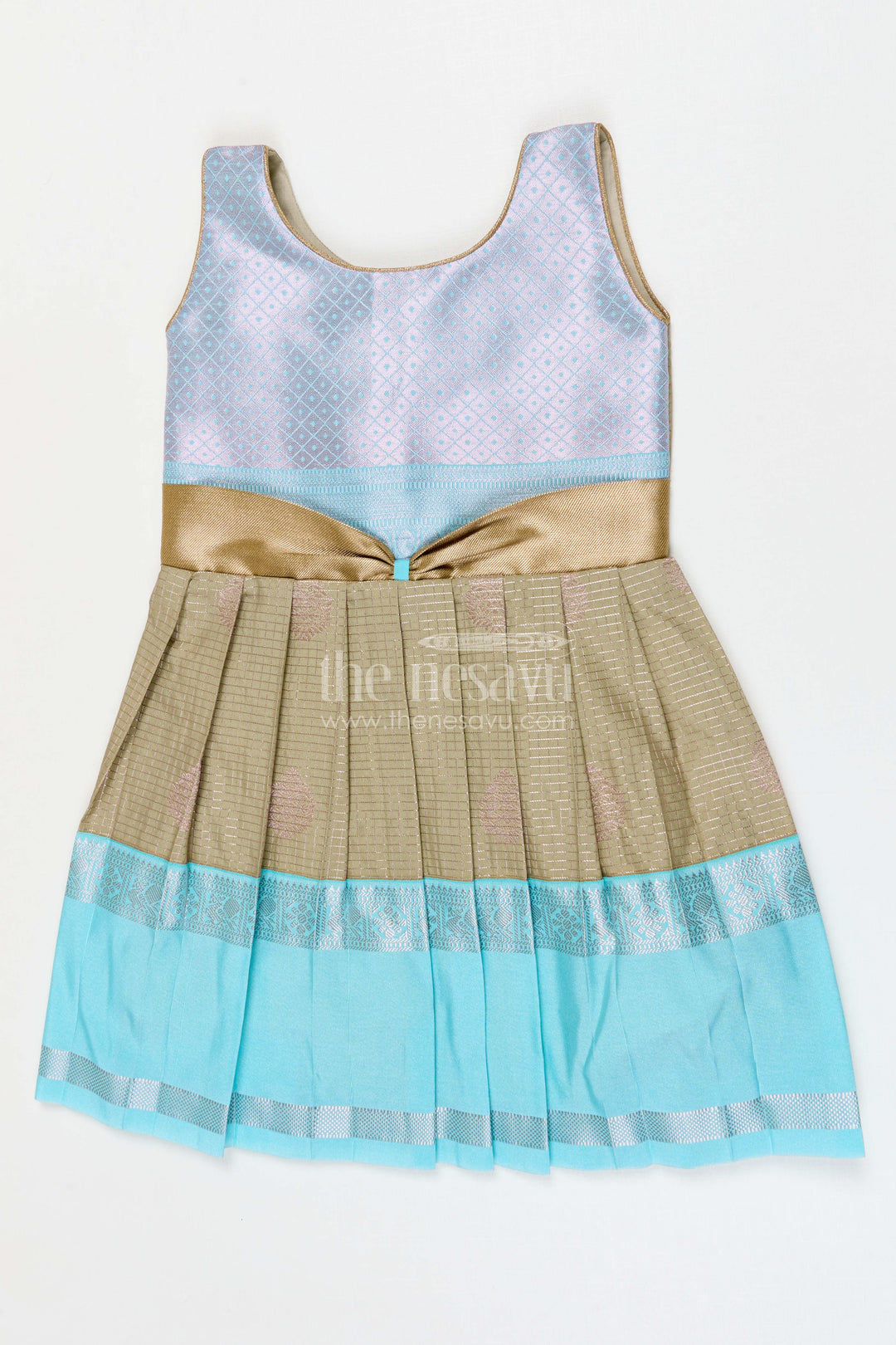 The Nesavu Girls Kanchi Silk Frock Girls Designer Silk Frock Festive Occasions Nesavu 10 (NB) / Green / Style 2 KSF037CB-10 Nesavu Girls Semi Designer Kanchivaram Silk Frock For Weddings Receptions And Festive Occasions