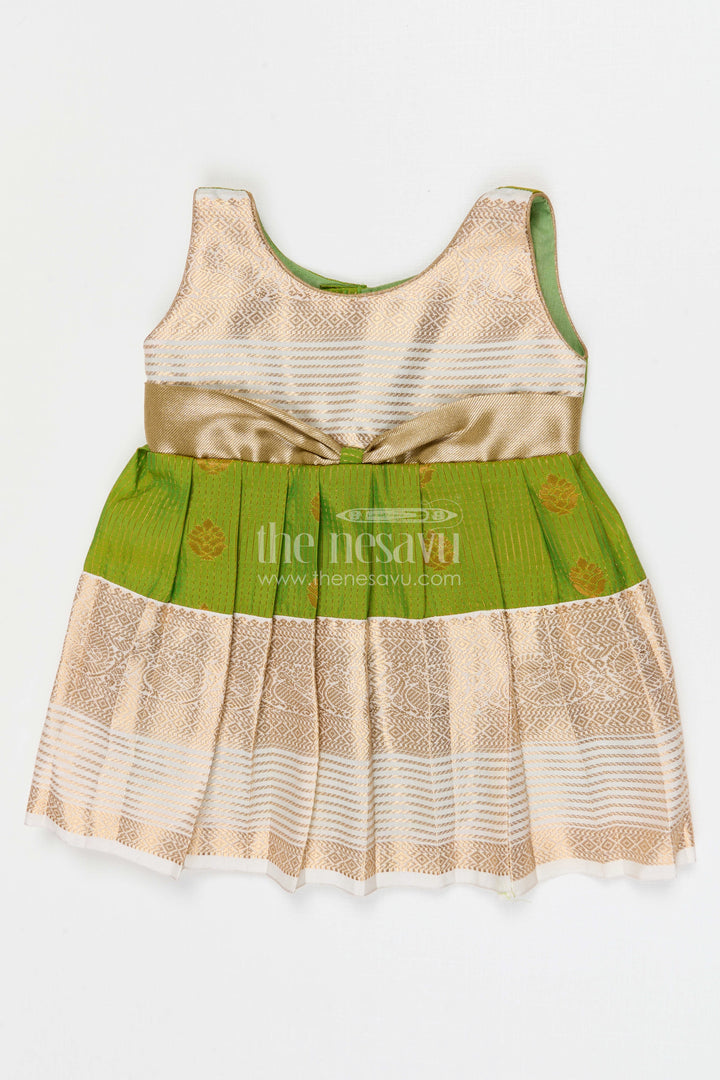 The Nesavu Girls Kanchi Silk Frock Girls Designer Silk Frock for Weddings and Festive Occasions Nesavu 10 (NB) / Green / Style 3 KSF026AC-10 Nesavu Girls Semi Designer Wedding Kanchivaram Silk Frock For Weddings And Festive Celebrations