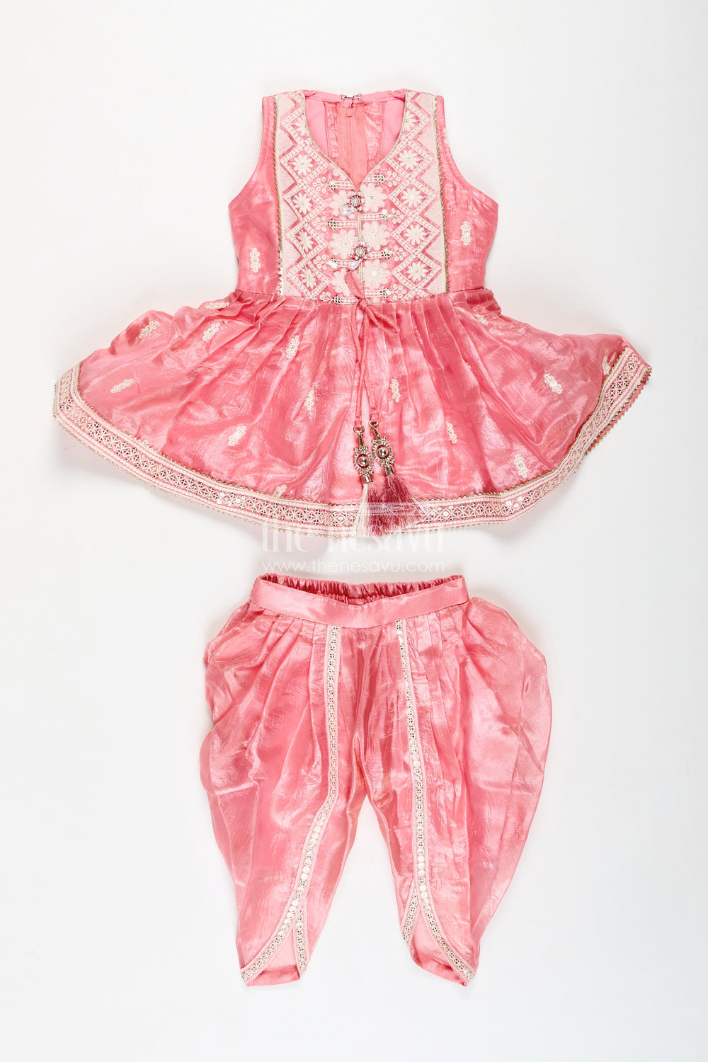 The Nesavu Girls Dothi Sets Girls Dhoti Kurti Set Embroidered Ethnic Partywear Nesavu 16 (1Y) / Peach GPS534C-16 Nesavu Pink Girls Ethnic Set Zari Work Dhoti Style Pants Shimmer Organza Fabric