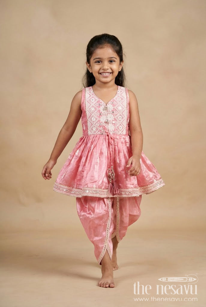 The Nesavu Girls Dothi Sets Girls Dhoti Kurti Set Embroidered Ethnic Partywear Nesavu 16 (1Y) / Peach GPS534C-16 Nesavu Pink Girls Ethnic Set Zari Work Dhoti Style Pants Shimmer Organza Fabric