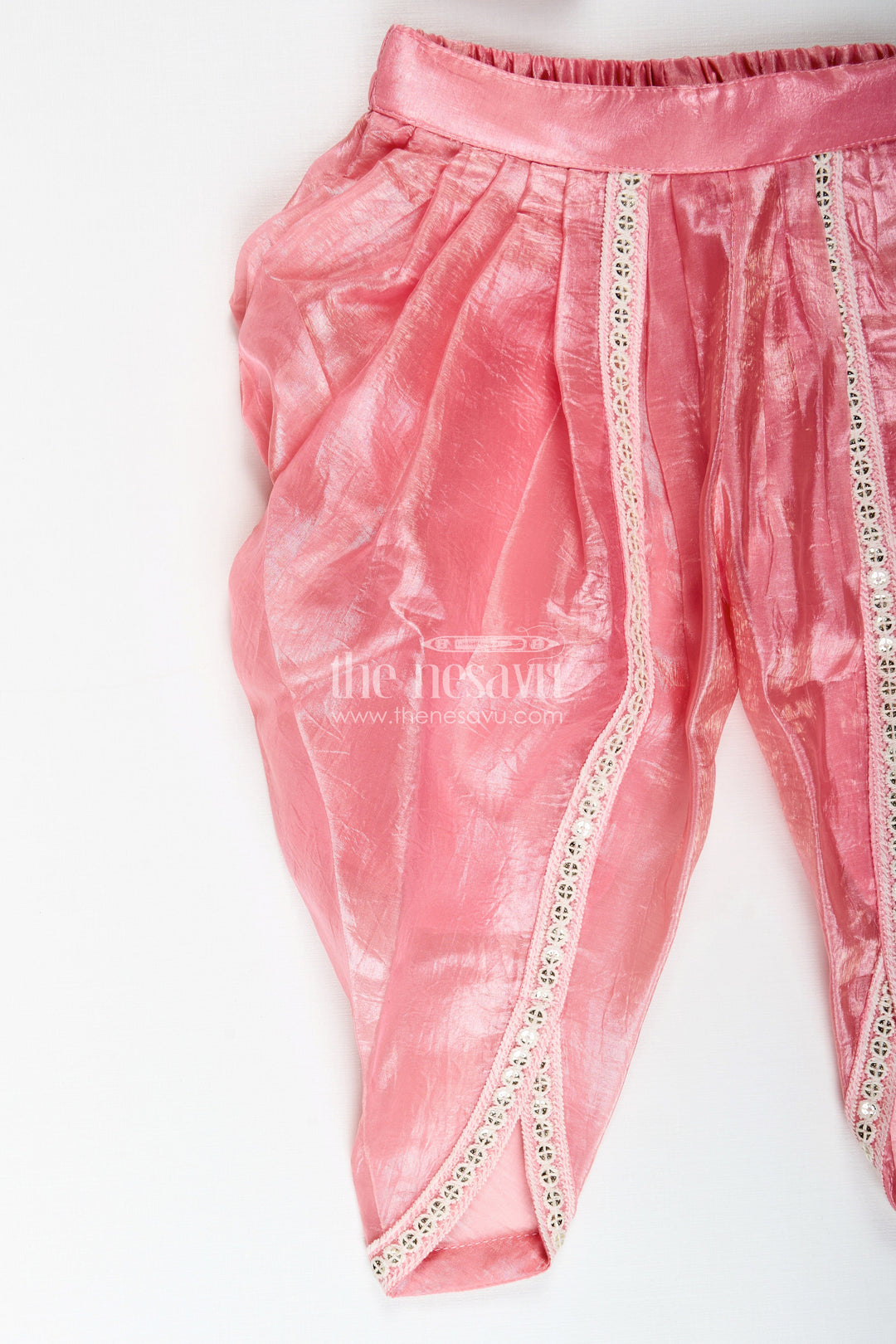 The Nesavu Girls Dothi Sets Girls Dhoti Kurti Set Embroidered Ethnic Partywear Nesavu Nesavu Pink Girls Ethnic Set Zari Work Dhoti Style Pants Shimmer Organza Fabric