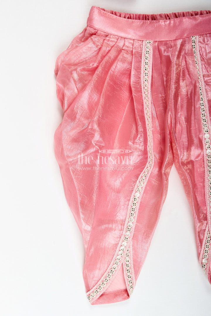 The Nesavu Girls Dothi Sets Girls Dhoti Kurti Set Embroidered Ethnic Partywear Nesavu Nesavu Pink Girls Ethnic Set Zari Work Dhoti Style Pants Shimmer Organza Fabric