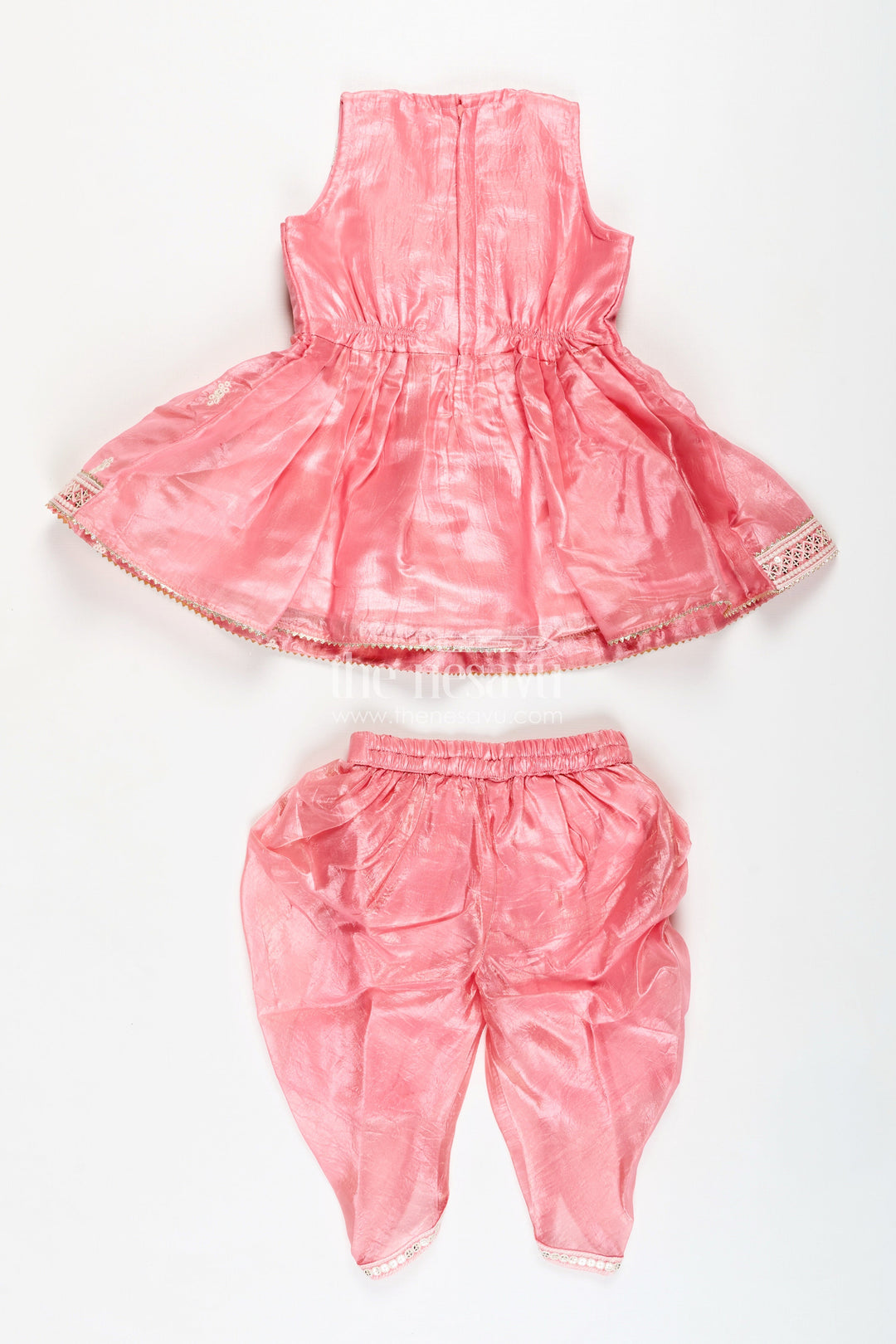 The Nesavu Girls Dothi Sets Girls Dhoti Kurti Set Embroidered Ethnic Partywear Nesavu Nesavu Pink Girls Ethnic Set Zari Work Dhoti Style Pants Shimmer Organza Fabric
