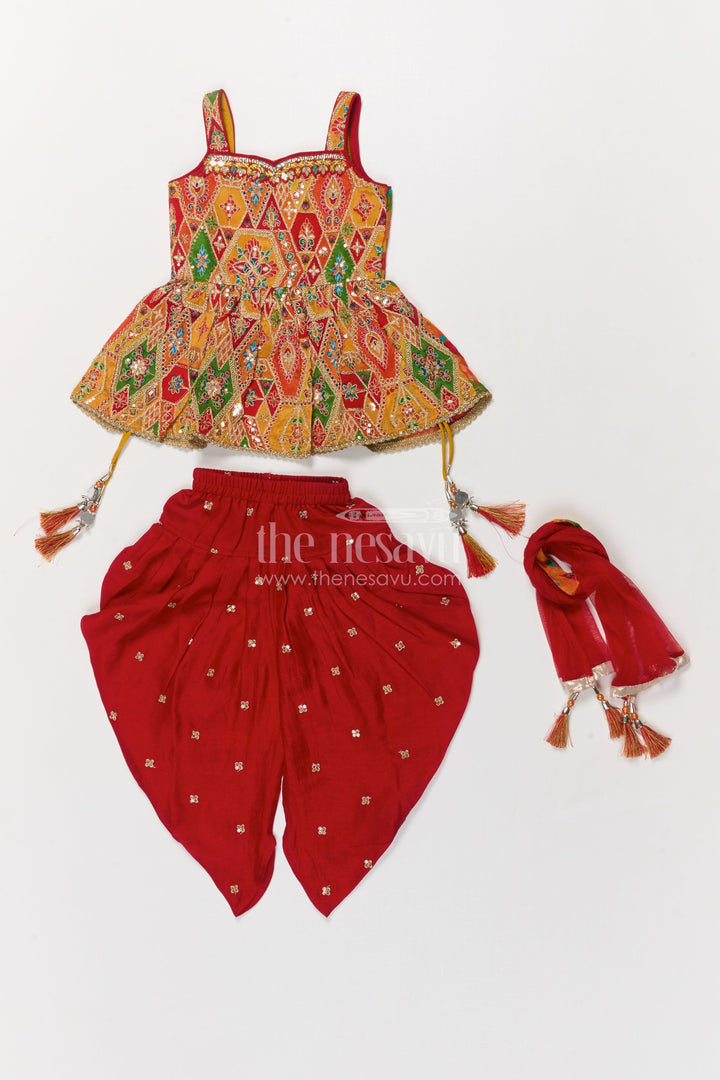 The Nesavu Girls Dothi Sets Girls Dhoti Set for Festive Occasions and Temple Visits Nesavu 18 (2Y) / Yellow GPS923A-18 Nesavu girls dhoti set in georgette with sequin embroidery for Diwali and festive temple wear