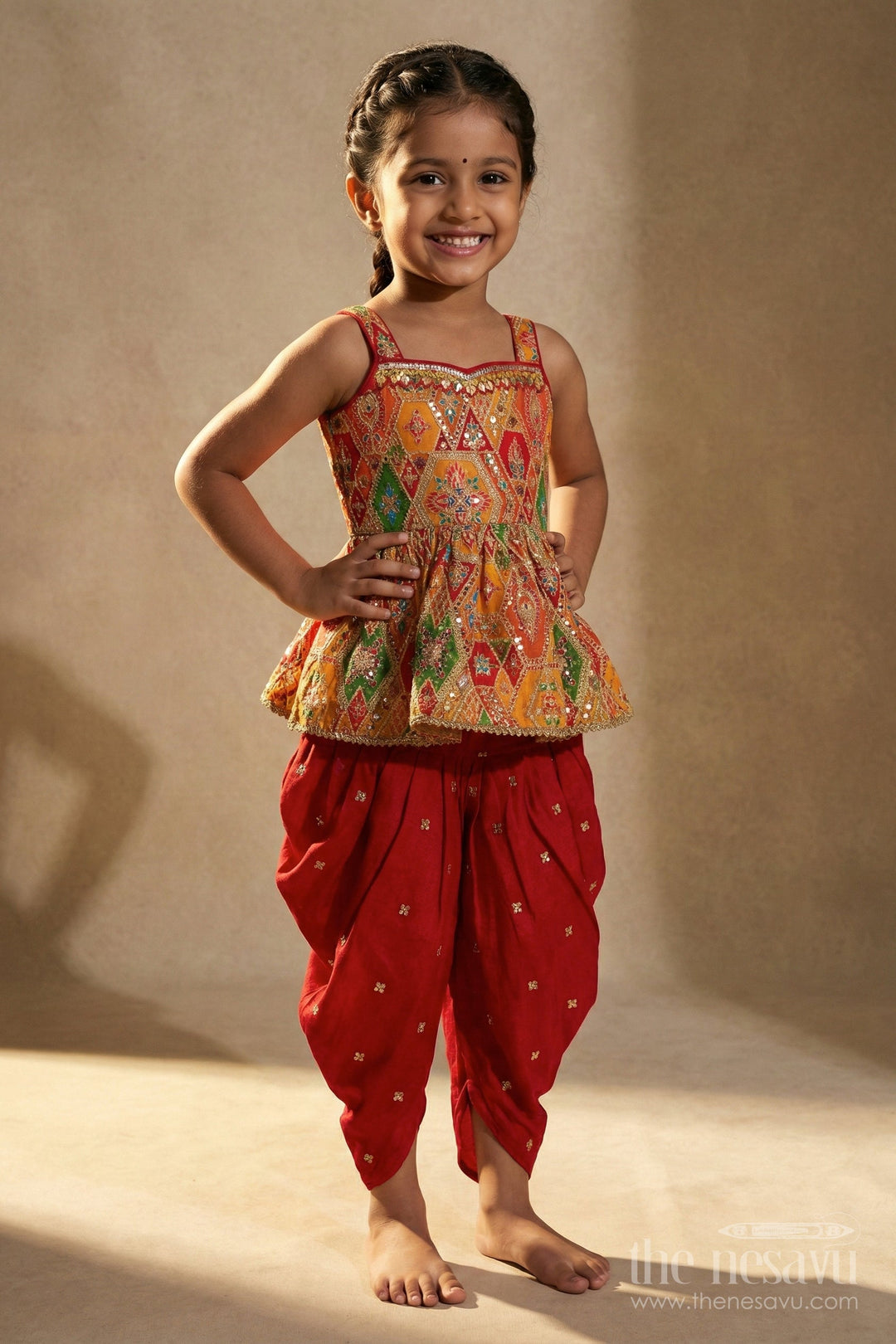 The Nesavu Girls Dothi Sets Girls Dhoti Set for Festive Occasions and Temple Visits Nesavu Nesavu girls dhoti set in georgette with sequin embroidery for Diwali and festive temple wear