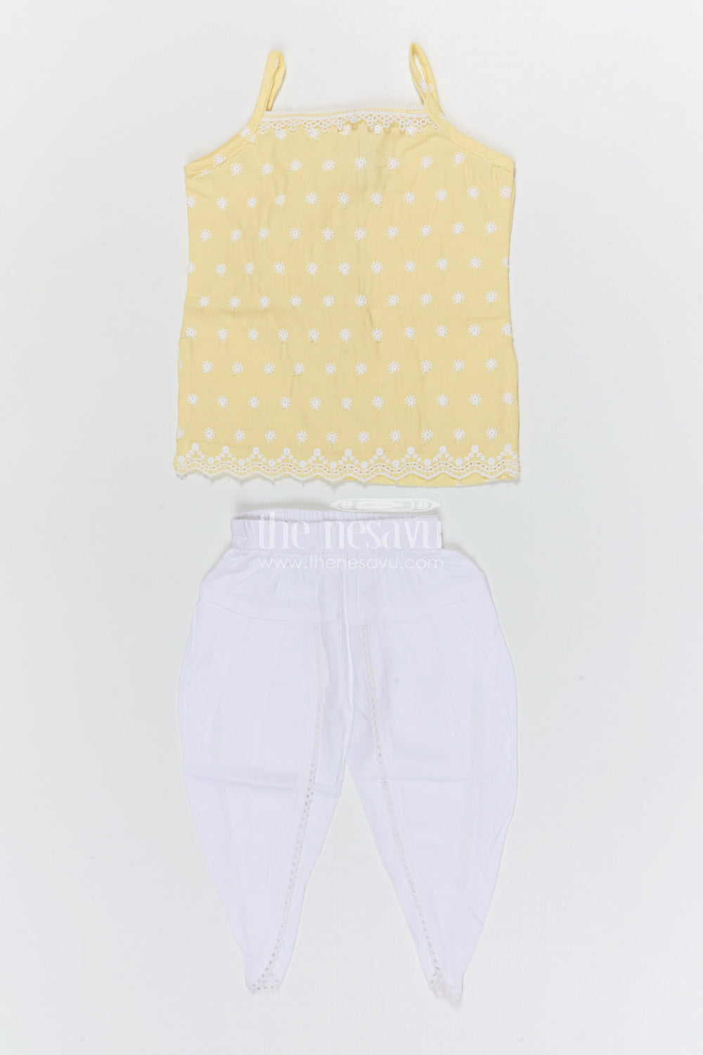The Nesavu Girls Dothi Sets Girls Dhoti Set for Festive Occasions and Traditional Functions Nesavu 14 (6M) / Yellow / Cotton GPS649A-14 Nesavu girls cotton dhoti set with thread embroidery for festive occasions