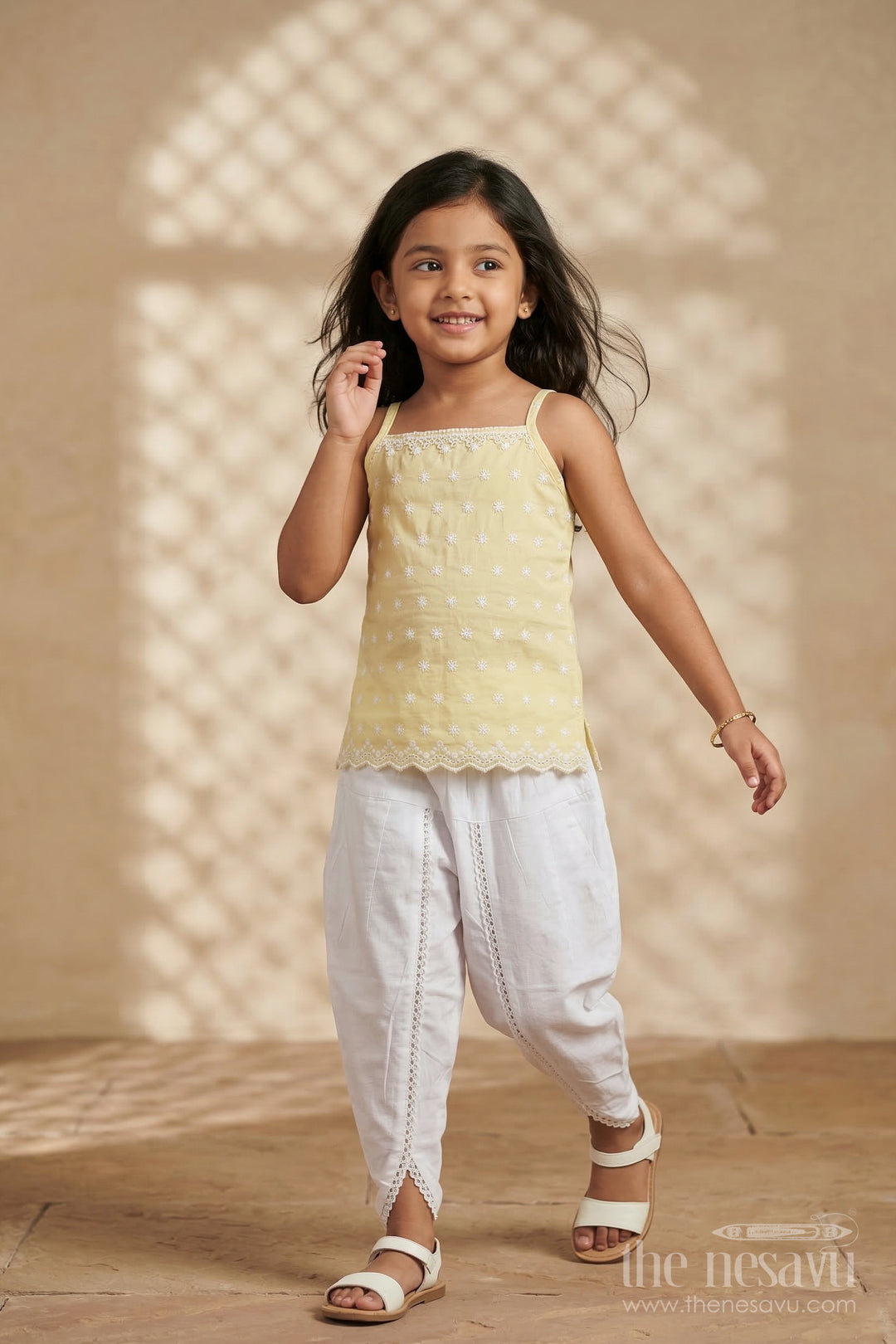 The Nesavu Girls Dothi Sets Girls Dhoti Set for Festive Occasions and Traditional Functions Nesavu 14 (6M) / Yellow / Cotton GPS649A-14 Nesavu girls cotton dhoti set with thread embroidery for festive occasions