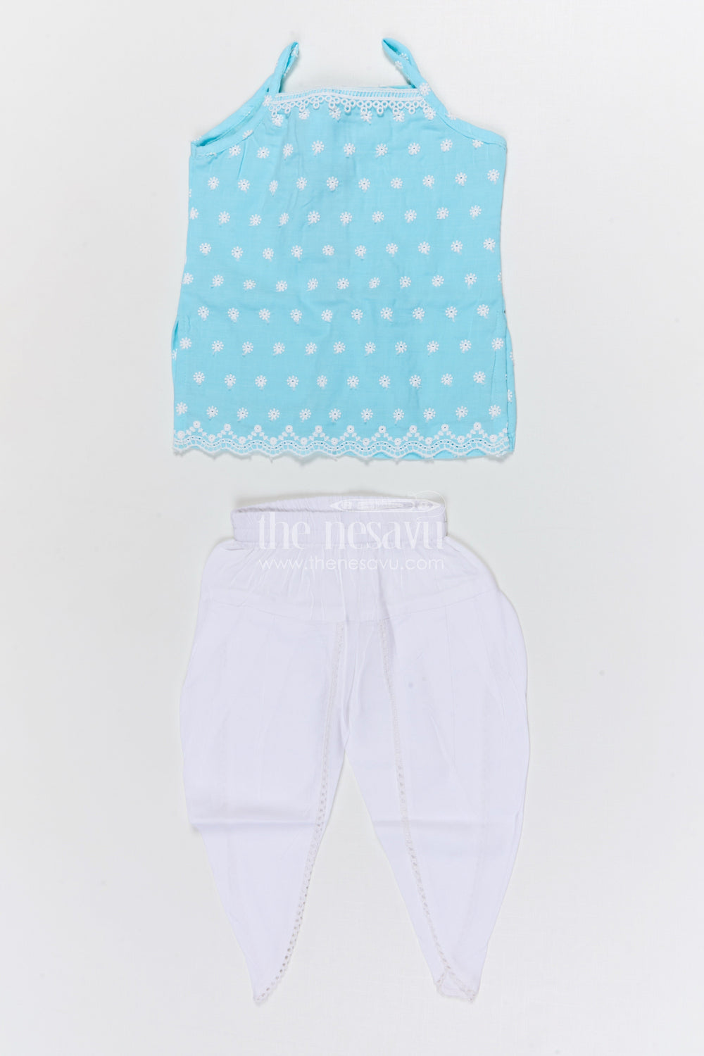 The Nesavu Girls Dothi Sets Girls Dhoti Set for School Ethnic Day and Festivals Nesavu 14 (6M) / Blue / Cotton GPS649D-14 Nesavu girls cotton dhoti set with thread embroidery for school ethnic day