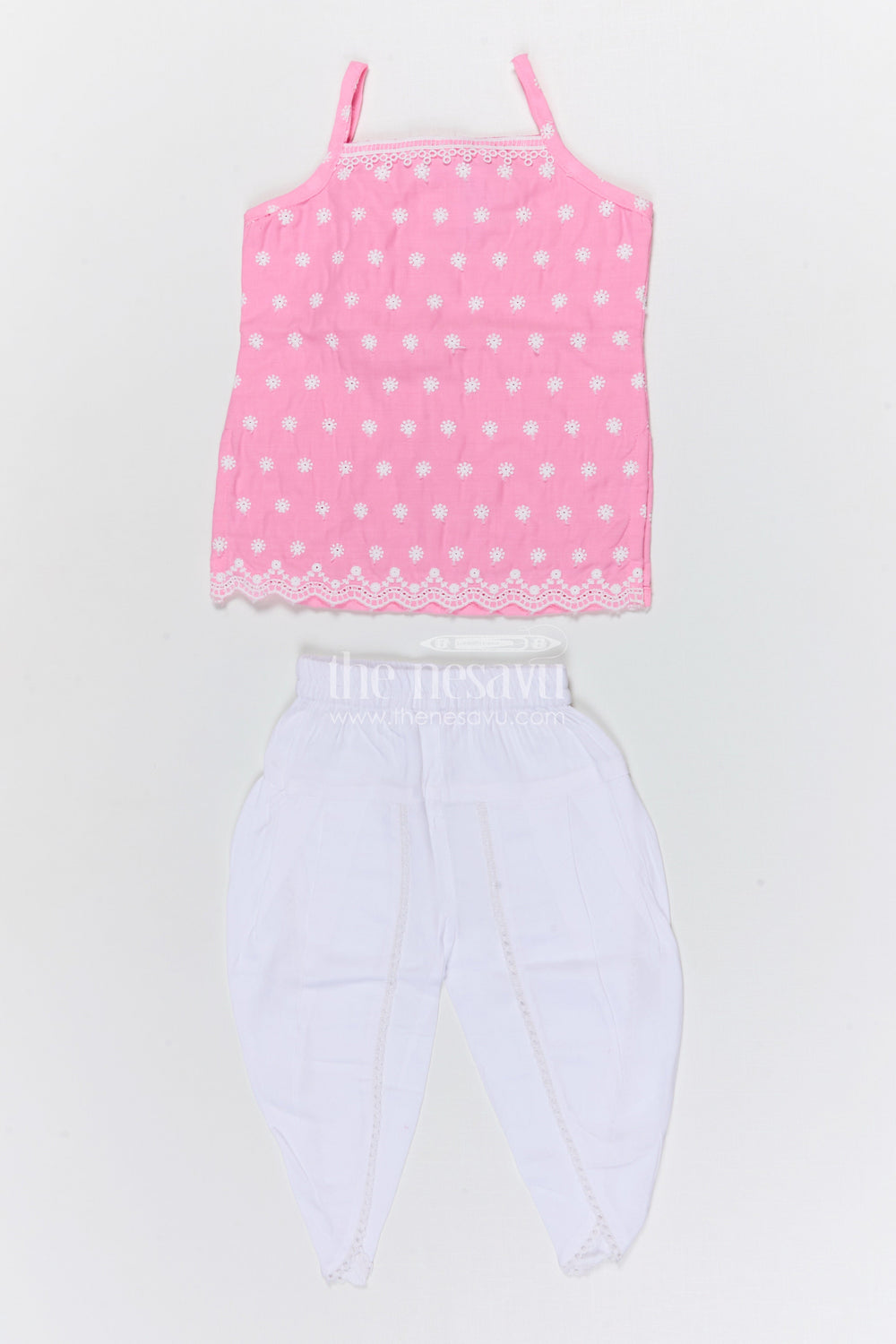 The Nesavu Girls Dothi Sets Girls Dhoti Set for Traditional Celebrations and Festive Wear Nesavu 14 (6M) / Pink / Cotton GPS649E-14 Nesavu girls cotton dhoti set with embroidered top for festive celebrations