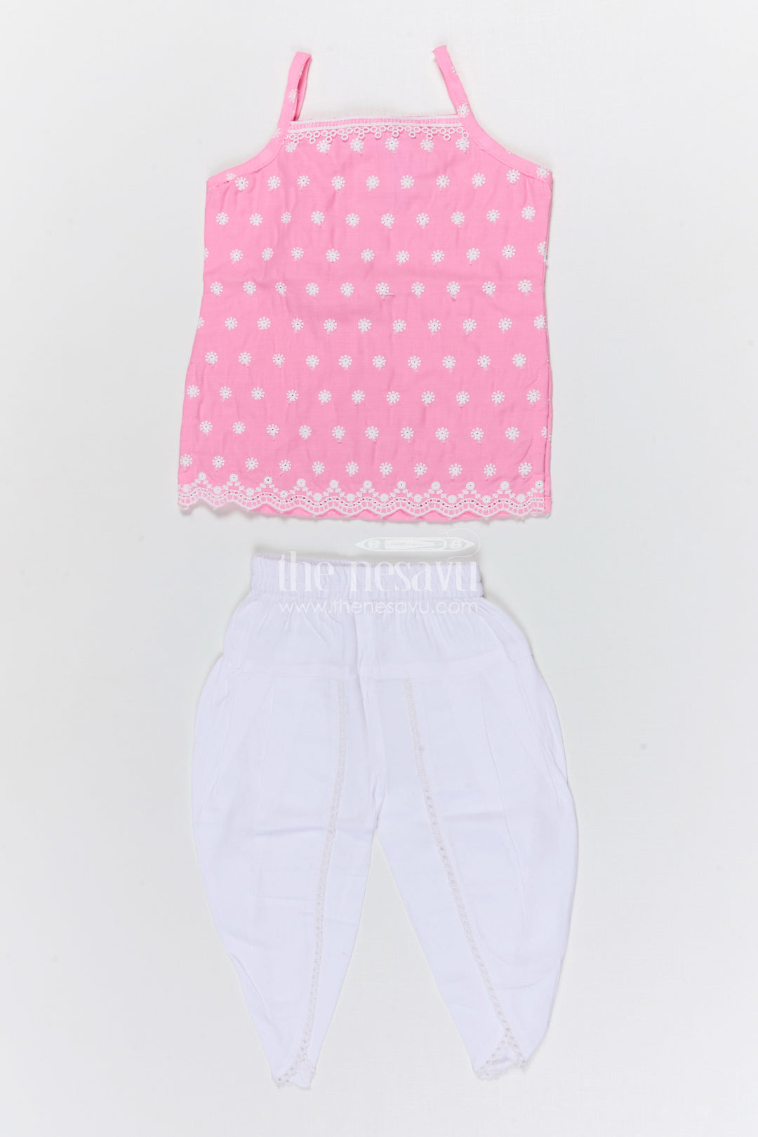 The Nesavu Girls Dothi Sets Girls Dhoti Set for Traditional Celebrations and Festive Wear Nesavu 14 (6M) / Pink / Cotton GPS649E-14 Nesavu girls cotton dhoti set with embroidered top for festive celebrations