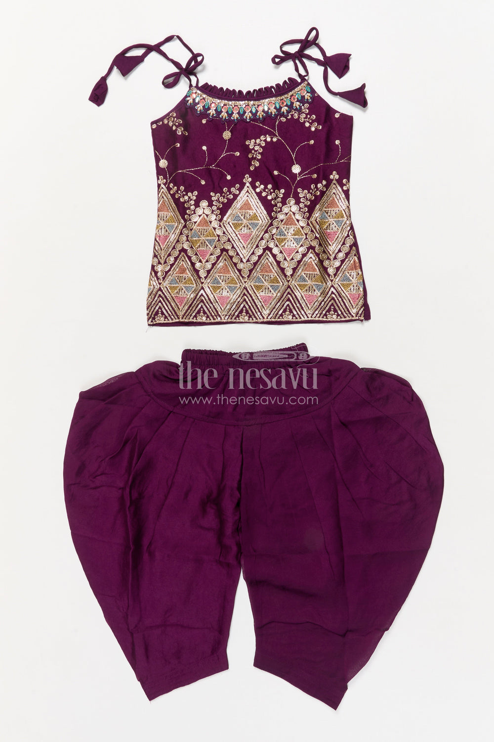 The Nesavu Girls Dothi Sets Girls Dhoti Set with Embroidered Blouse and Dupatta for Festive Functions Nesavu 16 (1Y) / Maroon / Georgette GPS930A-16 Nesavu girls embroidered dhoti set with designer yoke and dupatta for festive occasions