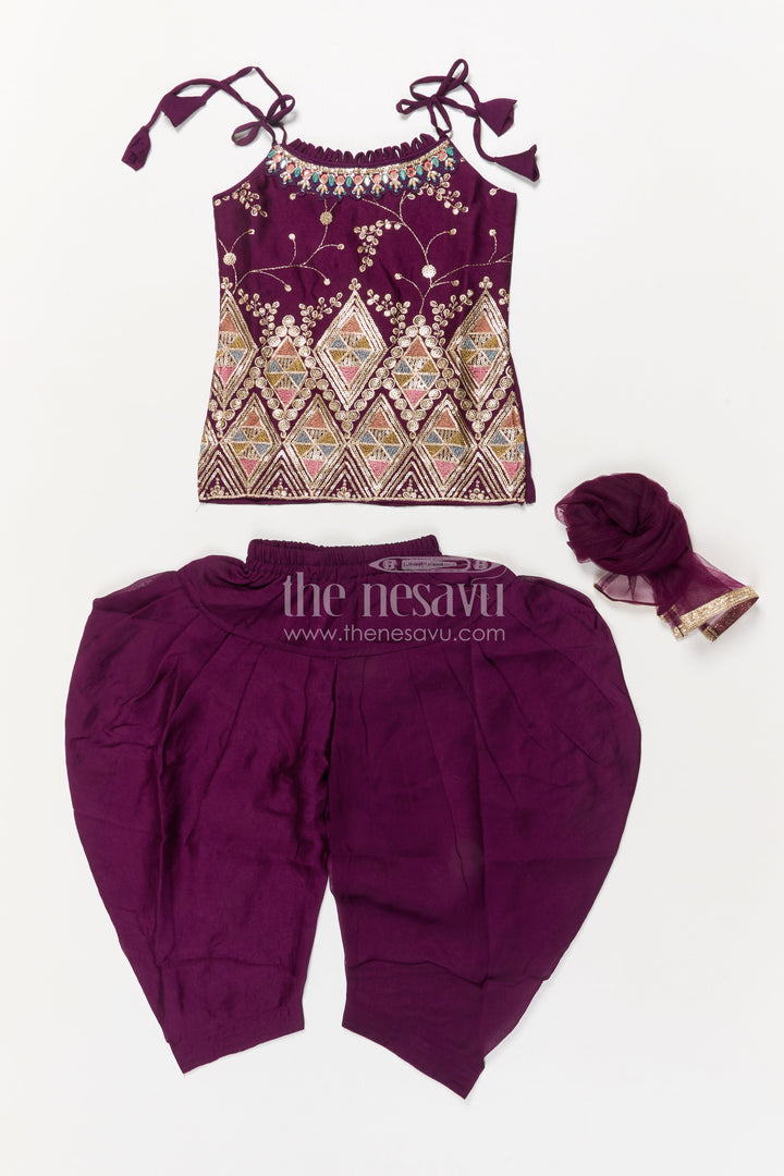 The Nesavu Girls Dothi Sets Girls Dhoti Set with Embroidered Blouse and Dupatta for Festive Functions Nesavu Nesavu girls embroidered dhoti set with designer yoke and dupatta for festive occasions