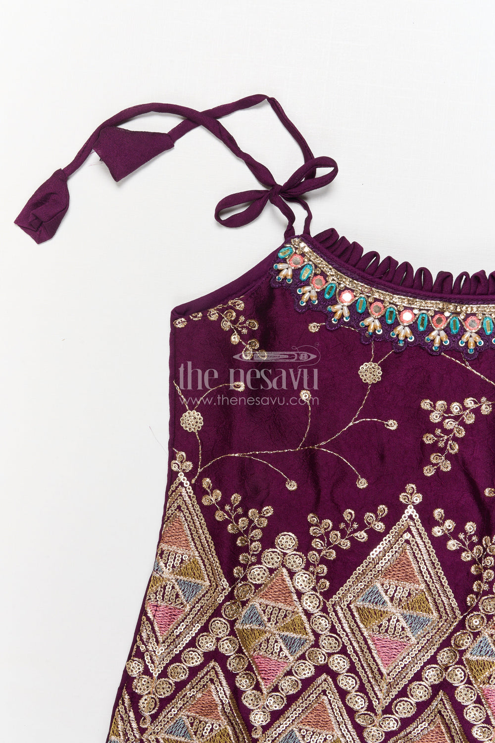 The Nesavu Girls Dothi Sets Girls Dhoti Set with Embroidered Blouse and Dupatta for Festive Functions Nesavu Nesavu girls embroidered dhoti set with designer yoke and dupatta for festive occasions