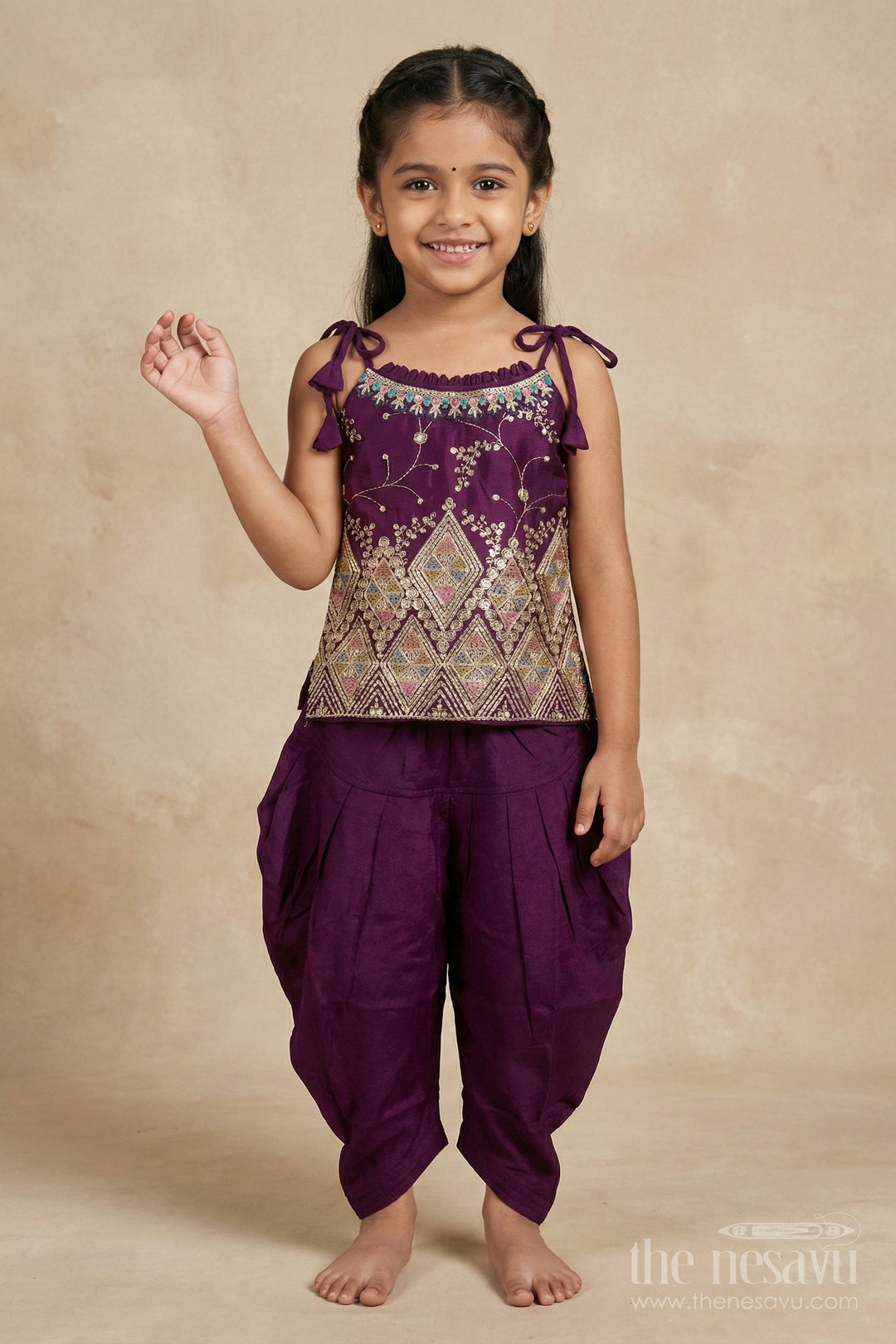 The Nesavu Girls Dothi Sets Girls Dhoti Set with Embroidered Blouse and Dupatta for Festive Functions Nesavu Nesavu girls embroidered dhoti set with designer yoke and dupatta for festive occasions