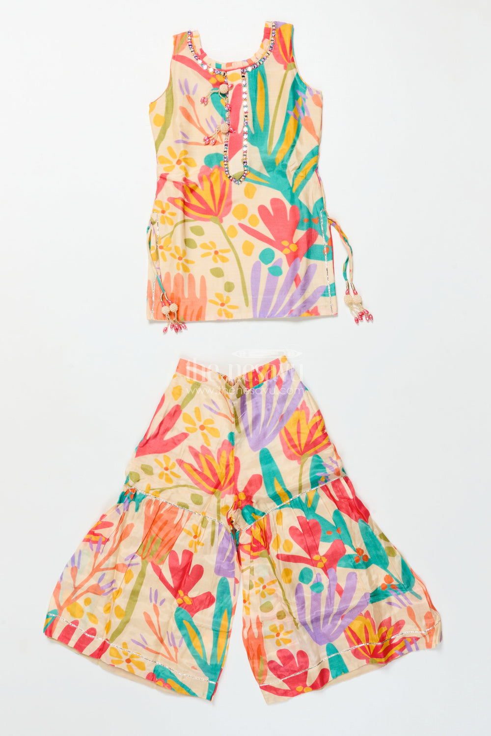 The Nesavu Girls Sharara / Plazo Set Girls Digital Floral Printed Sharara Suit In Viscose Muslin Silk Nesavu 18 (2Y) / Green GPS775A-18 Nesavu girls floral printed muslin sharara set  festive ethnic outfit