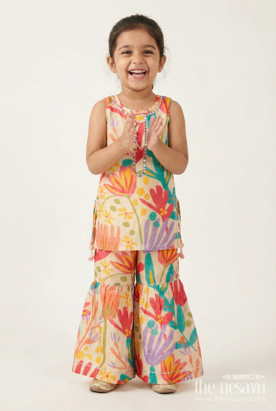 The Nesavu Girls Sharara / Plazo Set Girls Digital Floral Printed Sharara Suit In Viscose Muslin Silk Nesavu 18 (2Y) / Green GPS775A-18 Nesavu girls floral printed muslin sharara set  festive ethnic outfit