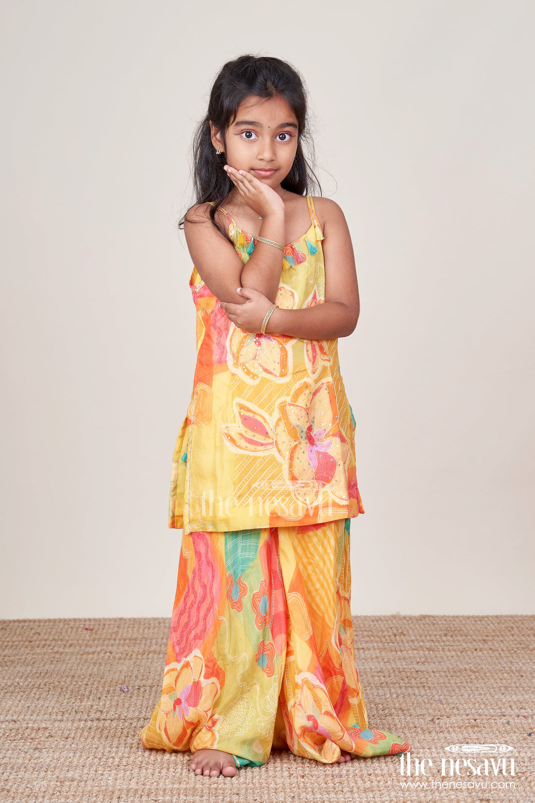 The Nesavu Girls Sharara / Plazo Set Girls Digital Print Sharara Set for Festive Wear and Stage Performances Nesavu 18 (2Y) / Yellow GPS770A-18 Nesavu girls muslin silk sharara set digital prints  perfect festive functions performances