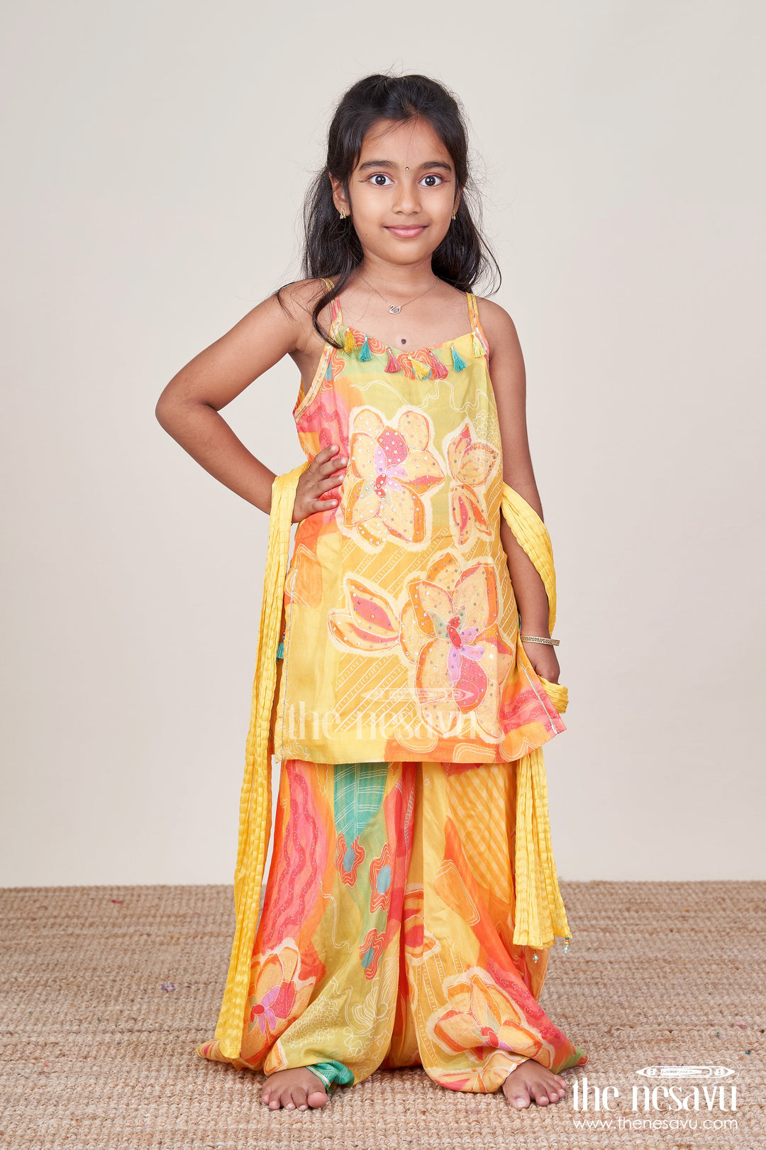 The Nesavu Girls Sharara / Plazo Set Girls Digital Print Sharara Set for Festive Wear and Stage Performances Nesavu Nesavu girls muslin silk sharara set digital prints  perfect festive functions performances