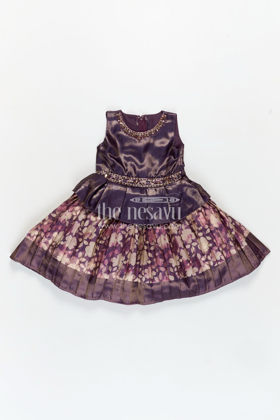 The Nesavu Silk Frock Girls Digital Printed Banarasi Jacquard Silk Frock with Peplum Waist in Simple Silk Frock Design Nesavu 16 (1Y) / Purple SF968C-16 Nesavu Girls Banarasi Jacquard Silk Frock Peplum Floral Skirt Simple Silk Frock Design