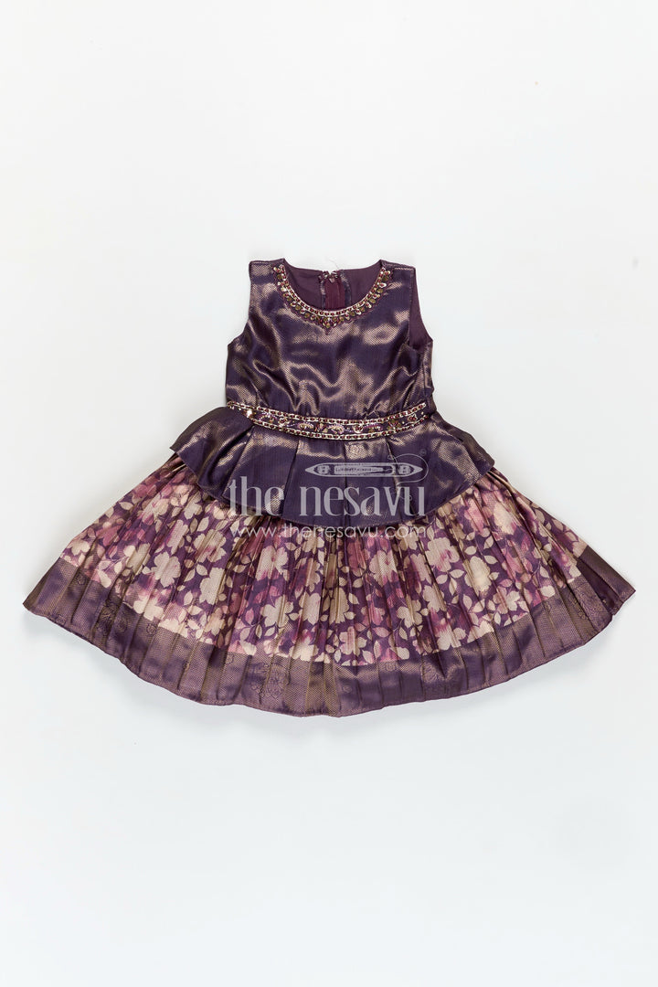 The Nesavu Silk Frock Girls Digital Printed Banarasi Jacquard Silk Frock with Peplum Waist in Simple Silk Frock Design Nesavu 16 (1Y) / Purple SF968C-16 Nesavu Girls Banarasi Jacquard Silk Frock Peplum Floral Skirt Simple Silk Frock Design