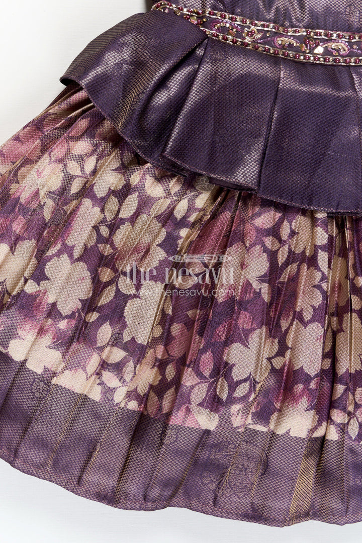 The Nesavu Silk Frock Girls Digital Printed Banarasi Jacquard Silk Frock with Peplum Waist in Simple Silk Frock Design Nesavu Nesavu Girls Banarasi Jacquard Silk Frock Peplum Floral Skirt Simple Silk Frock Design