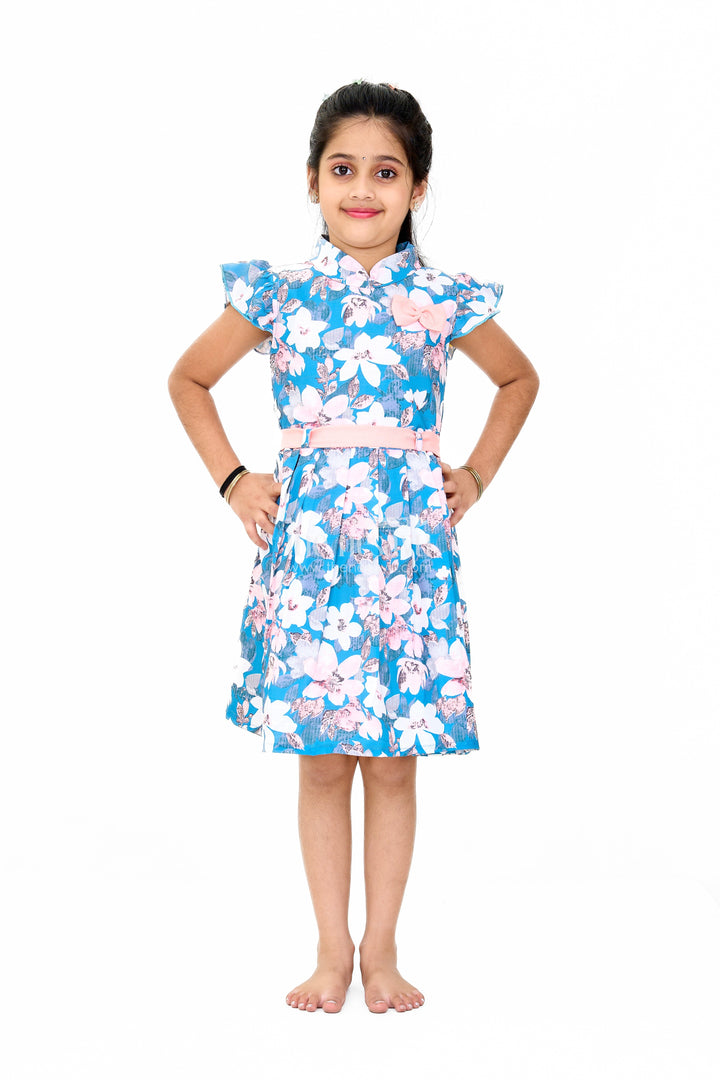 The Nesavu Girls Cotton Frock Girls Disney Princess Fancy Dress with Floral Print and Puff Sleeves Nesavu 18 (2Y) / Blue GFC1570A-18 Nesavu Girls Disney Princess Fancy Dress Puff Sleeves Floral Print